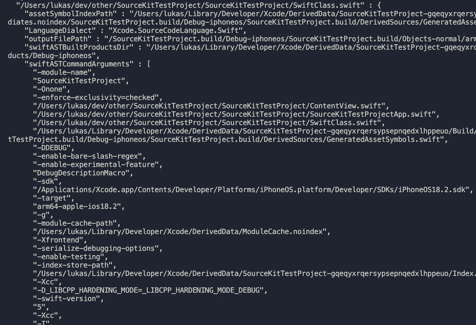 xcodebuild -showBuildSettingsForIndex output